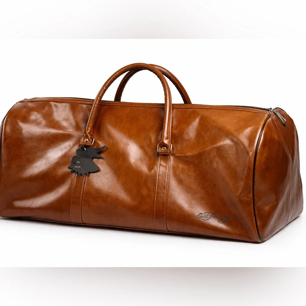 Ed Hardy Brown Leather Duffle Bag NWT Large Travel Weekender Carry On Unisex